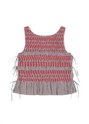 Check cotton smocked tie string top Chicory Coffee A1040365 Ganni 